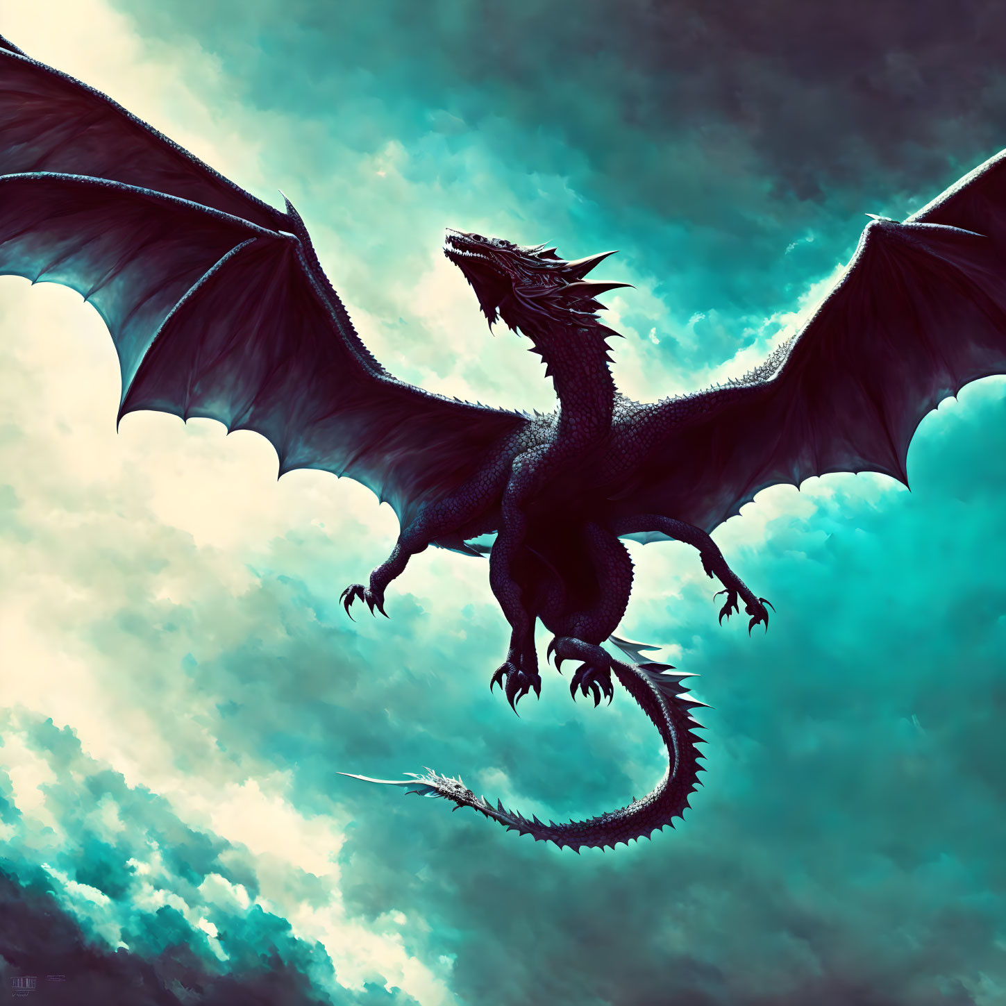 Majestic dragon flying with outstretched wings in cloudy teal sky