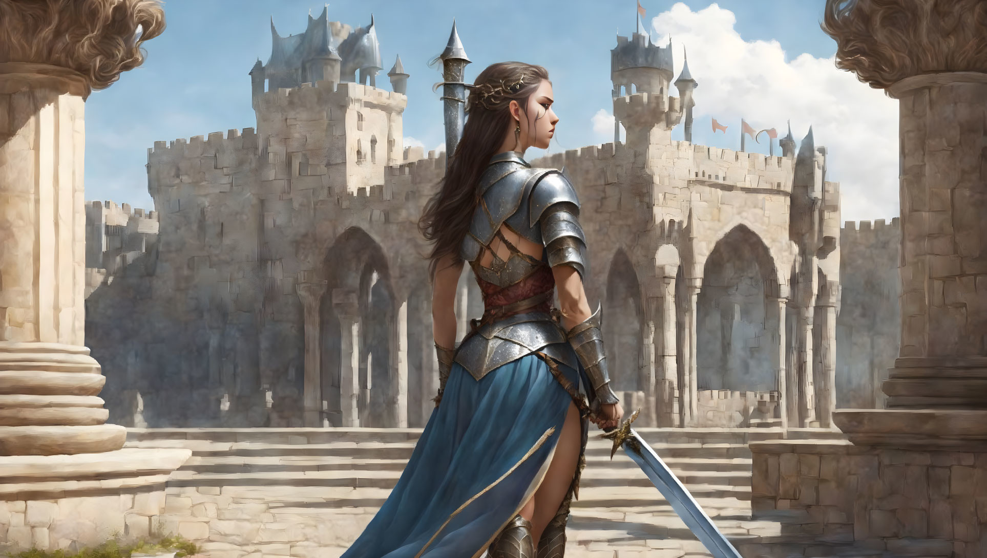 Female knight in armor with sword at medieval castle