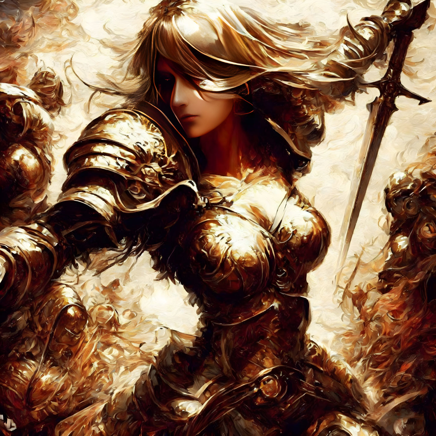 Warrior in golden armor with spear and flowing hair portrait.