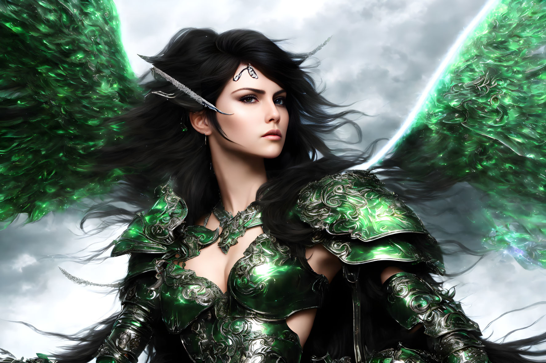 Dark-Haired Female Warrior in Green Armor with Glowing Wings