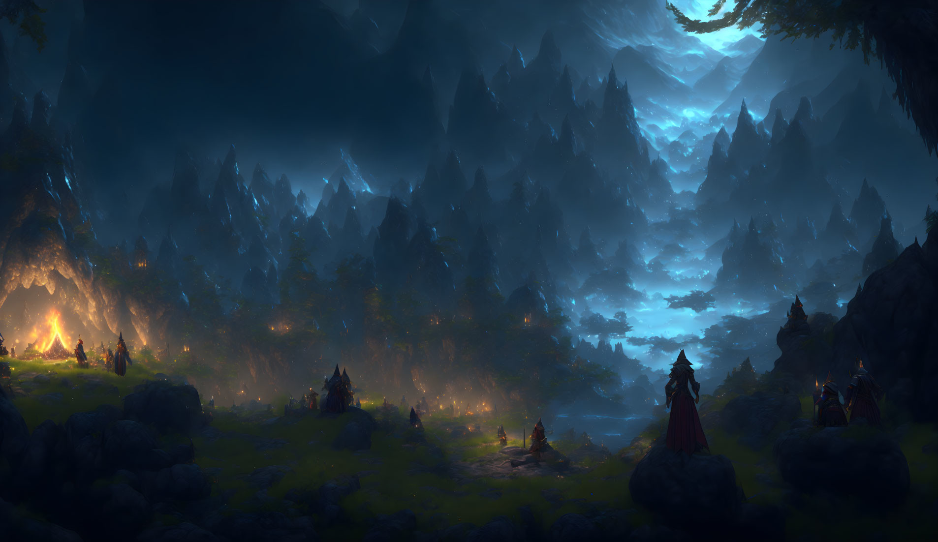 Mystic forest scene at twilight with campfires, towering trees, and robed figure