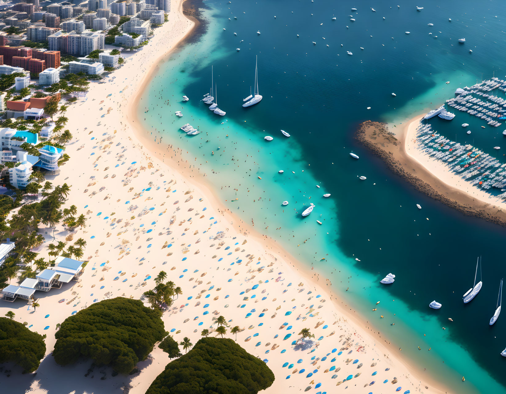 Sunlit beach with turquoise waters, boats, marina, and buildings nestled in greenery