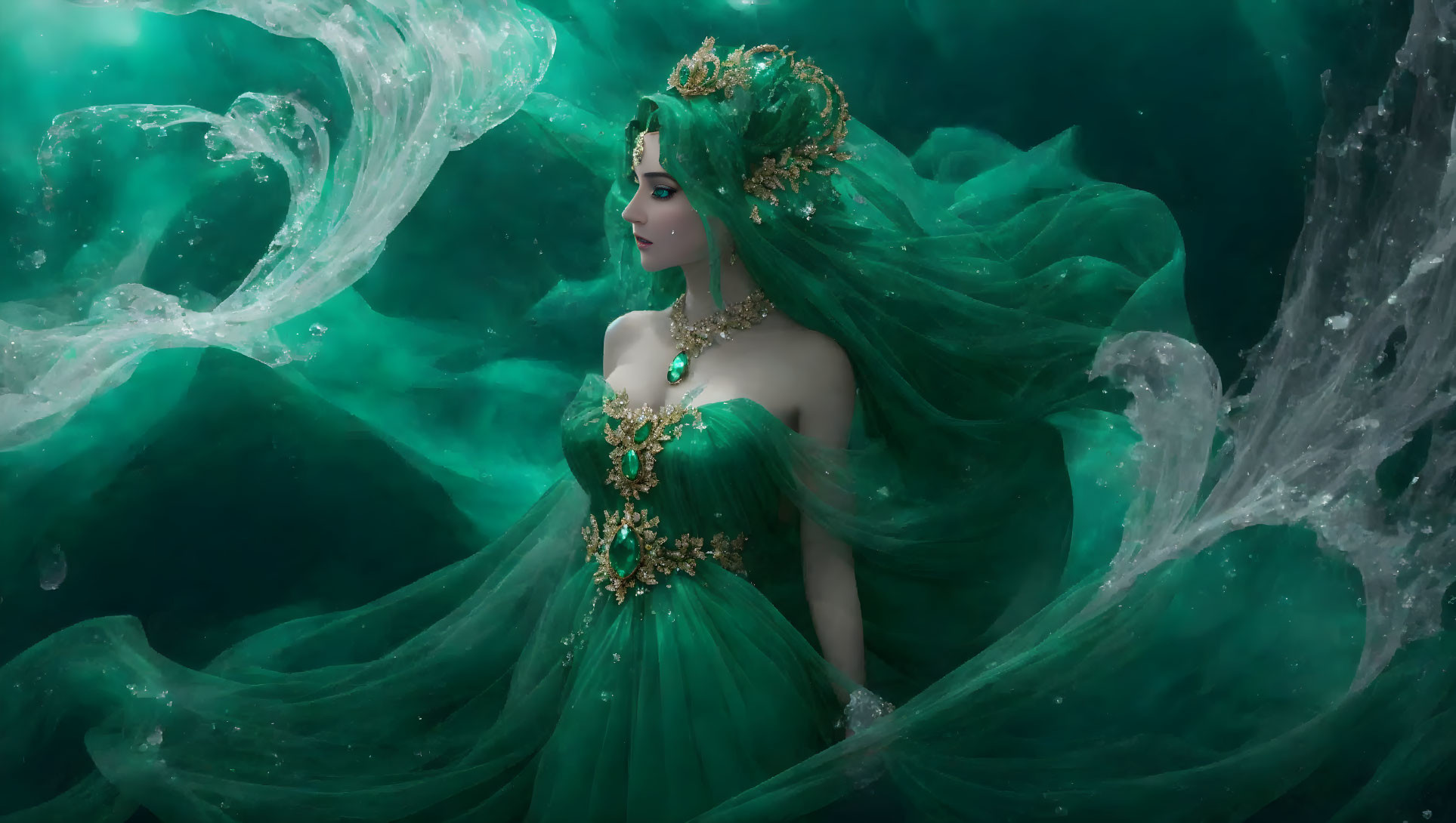 Fantastical female figure in elegant green gown with swirling green water-like elements