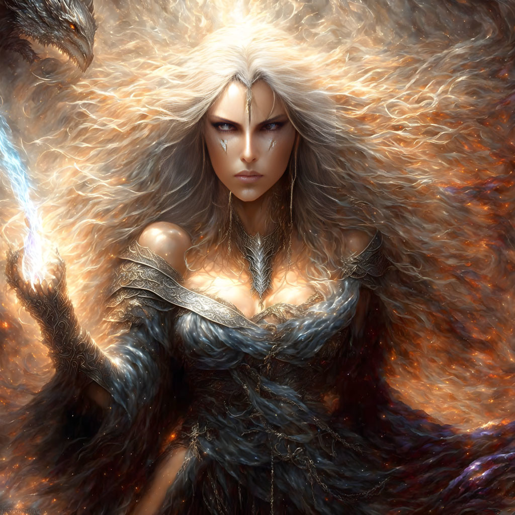 Fantasy Artwork: Fierce Female Character with Flowing Hair & Blazing Fire