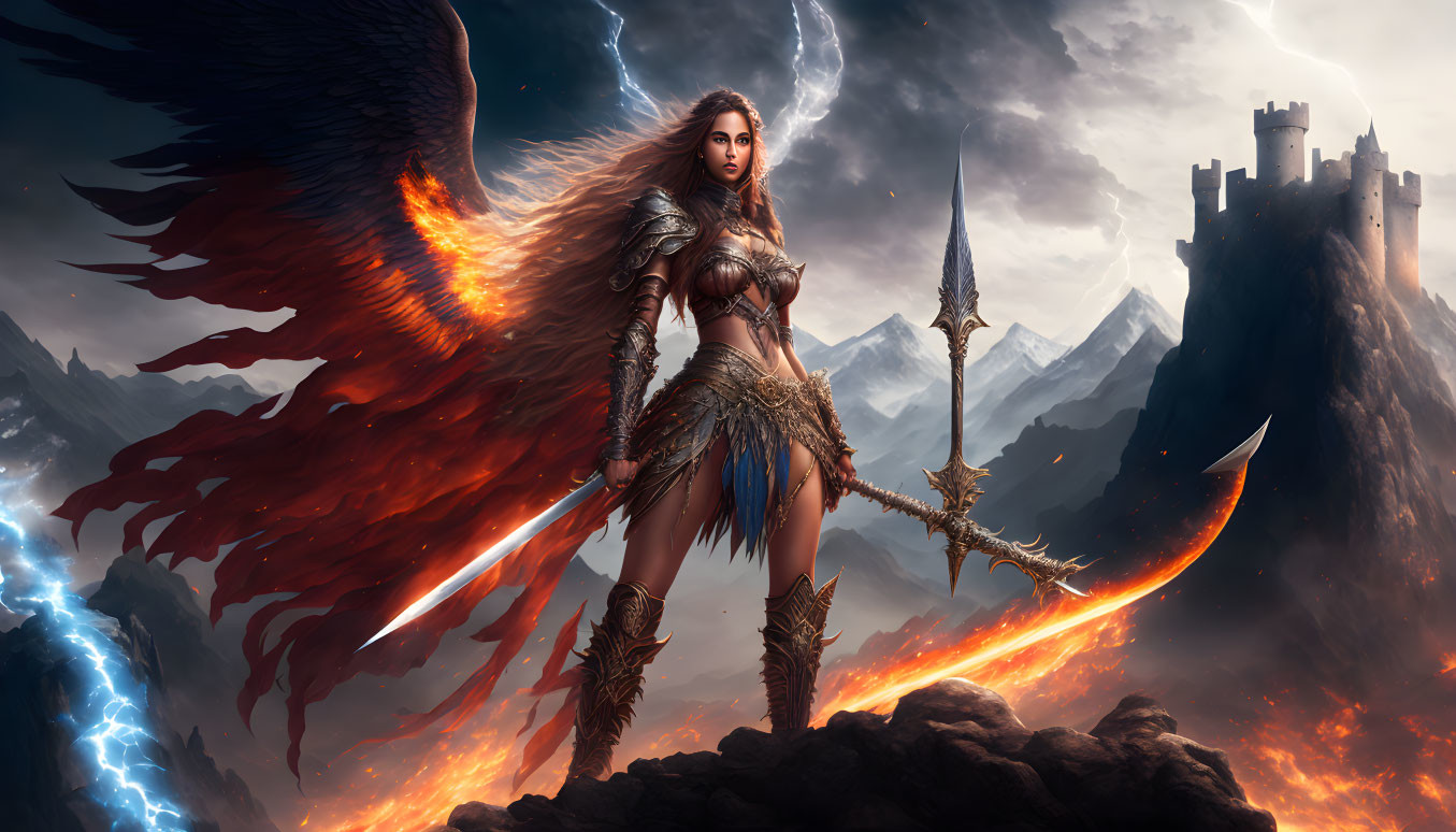 Warrior with angelic wings and spear in stormy sky with castle.