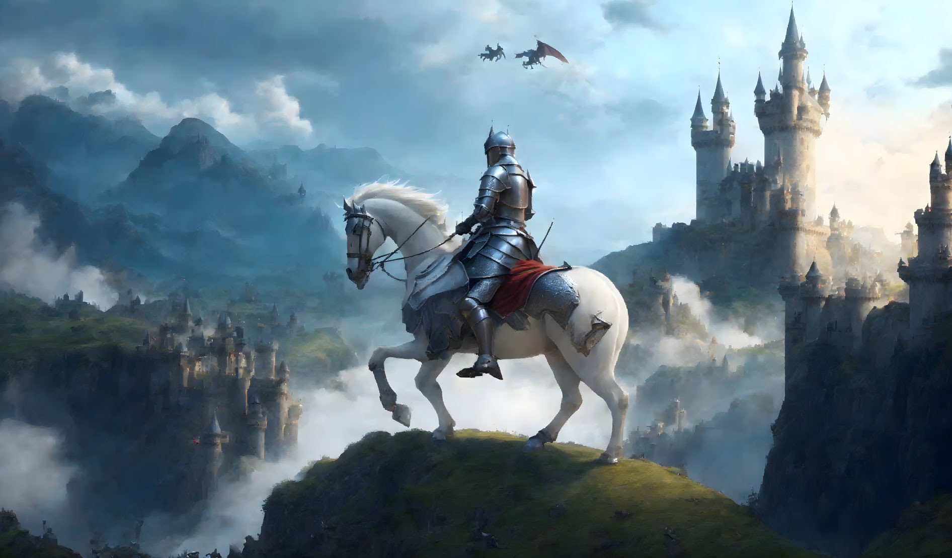 Knight on White Horse Surveys Misty Mountain Landscape with Castles & Dragon