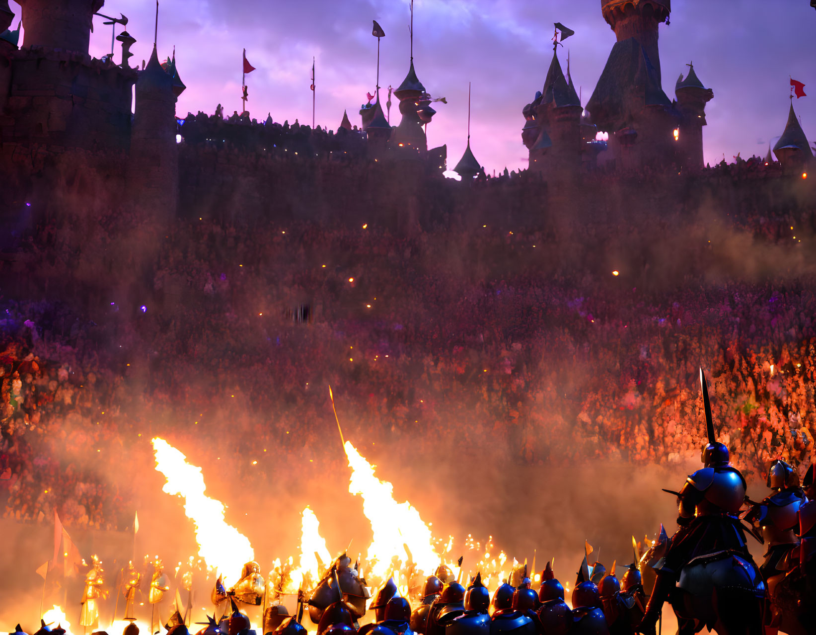 Medieval battle scene with armies, fire, and castle fortress at twilight