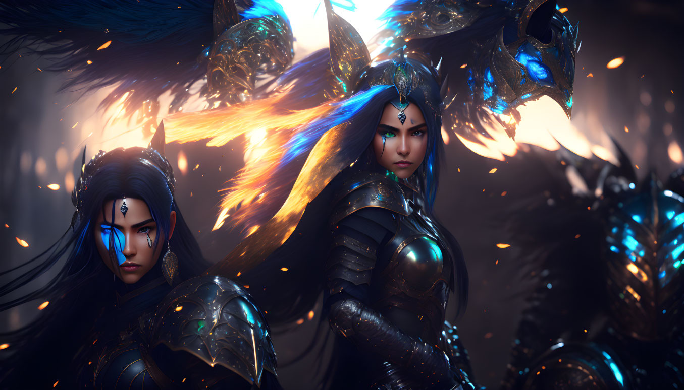 Digital artwork of twin warriors in black armor with fiery blue eyes and spectral wolves in an ethereal setting