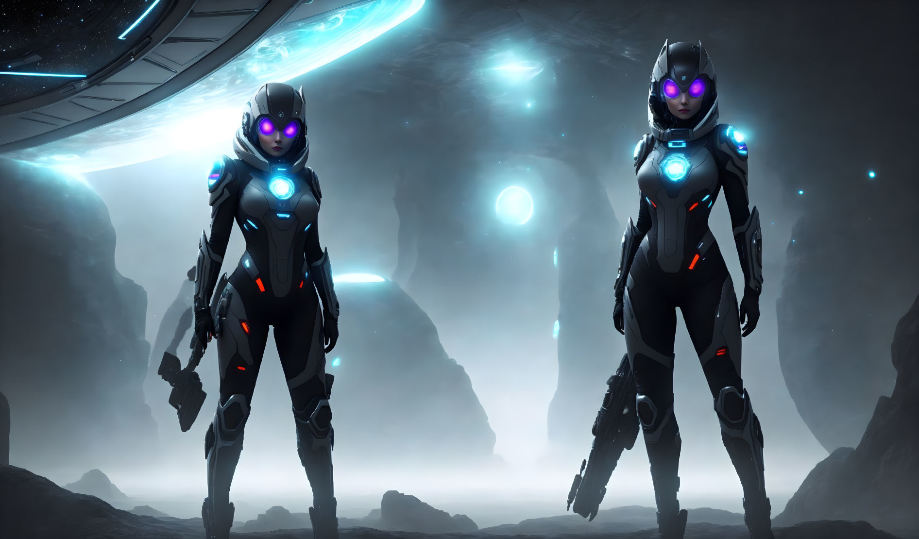 Futuristic female figures in space suits on alien planet with celestial body