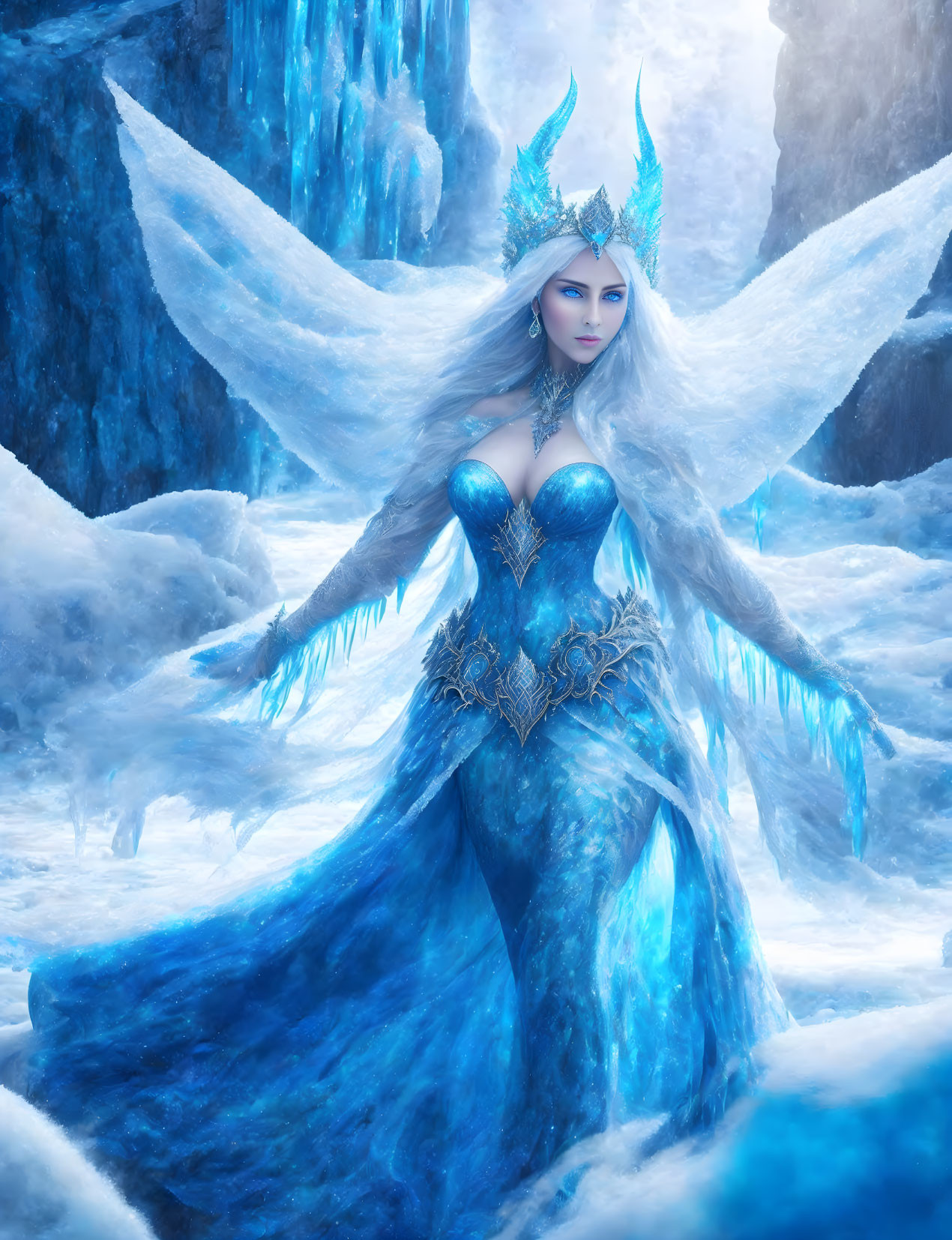 Regal ice queen in blue gown amid icy setting