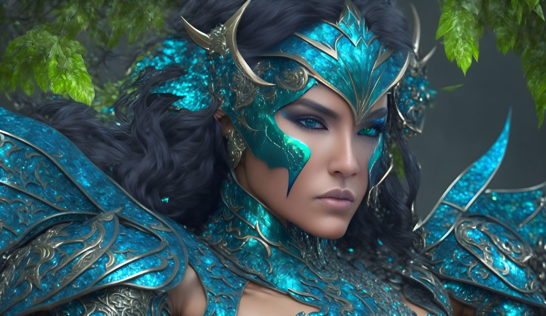 Intense gaze in blue and gold armor with leaf patterns against leafy backdrop