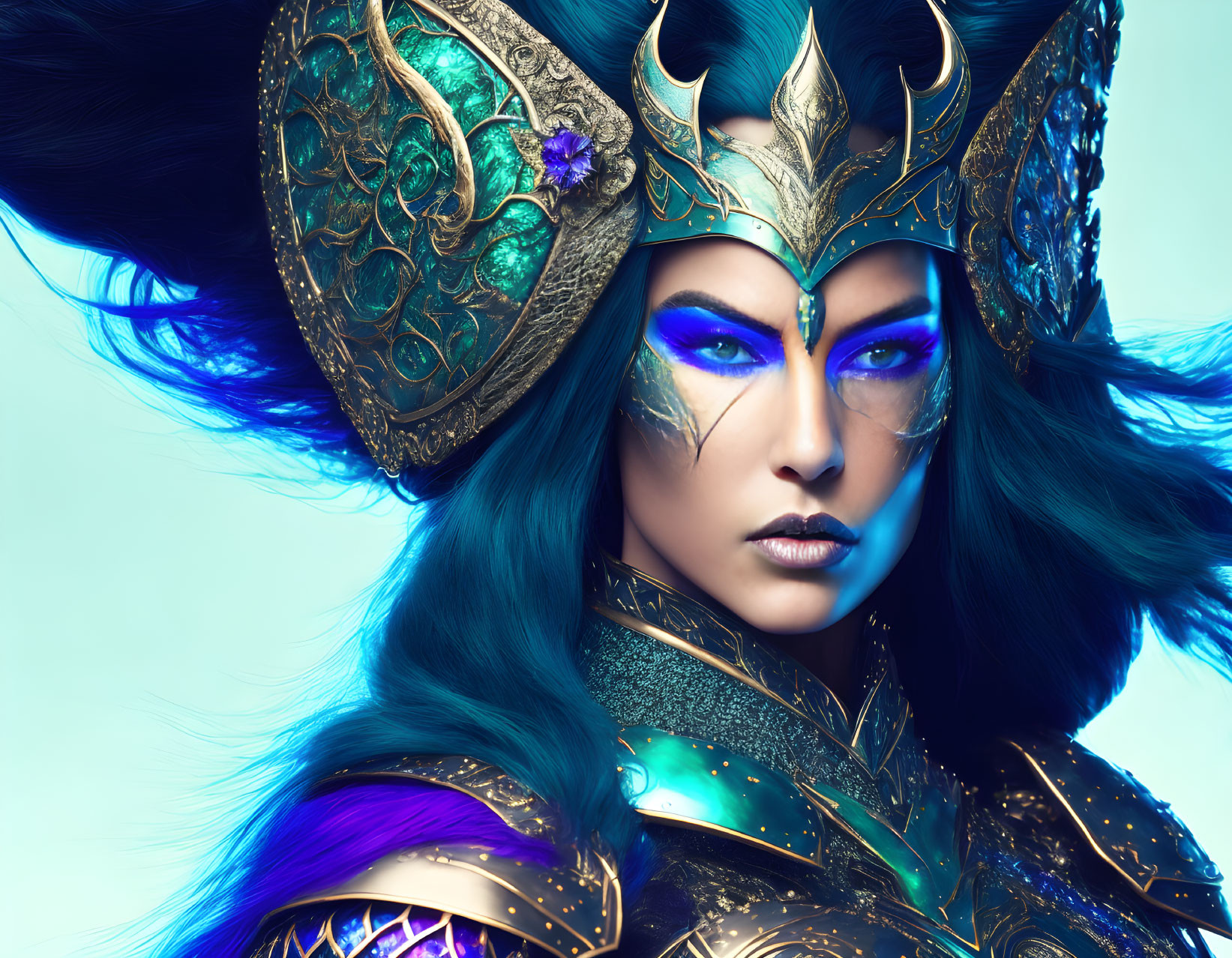 Striking blue makeup woman in gold and teal armor with regal helmet