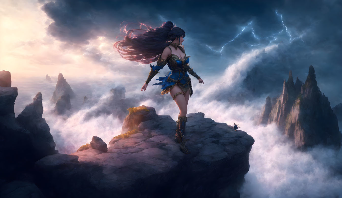 Warrior woman on mountain edge in stormy skies