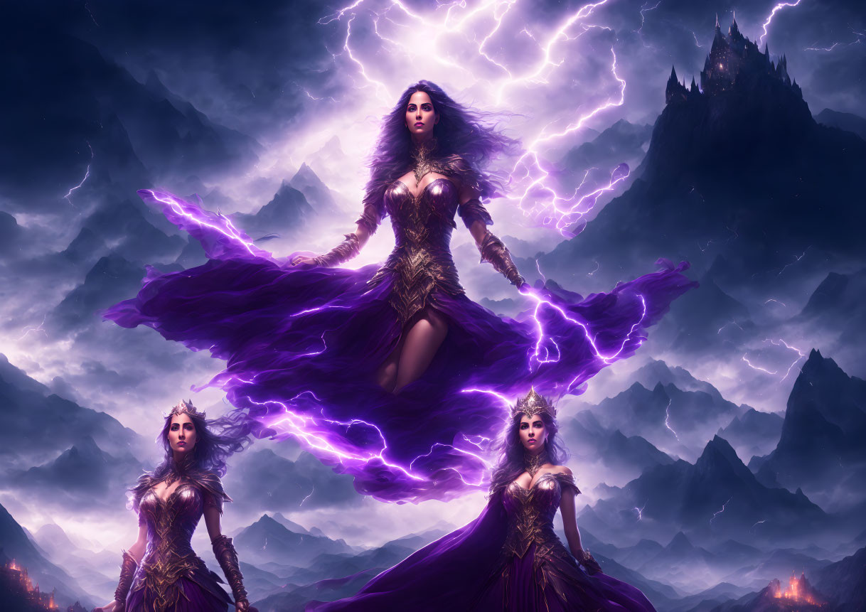 Three women in regal fantasy armor levitate in stormy mountain landscape.