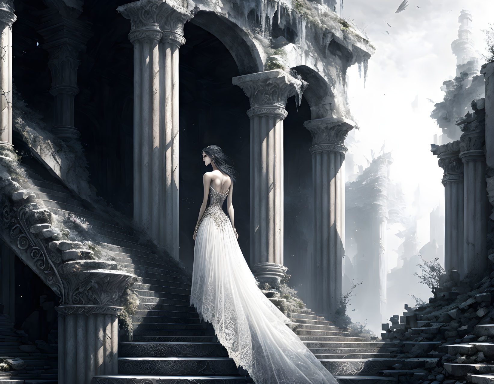 Woman in white dress on ancient stairs among towering ruins under hazy sky