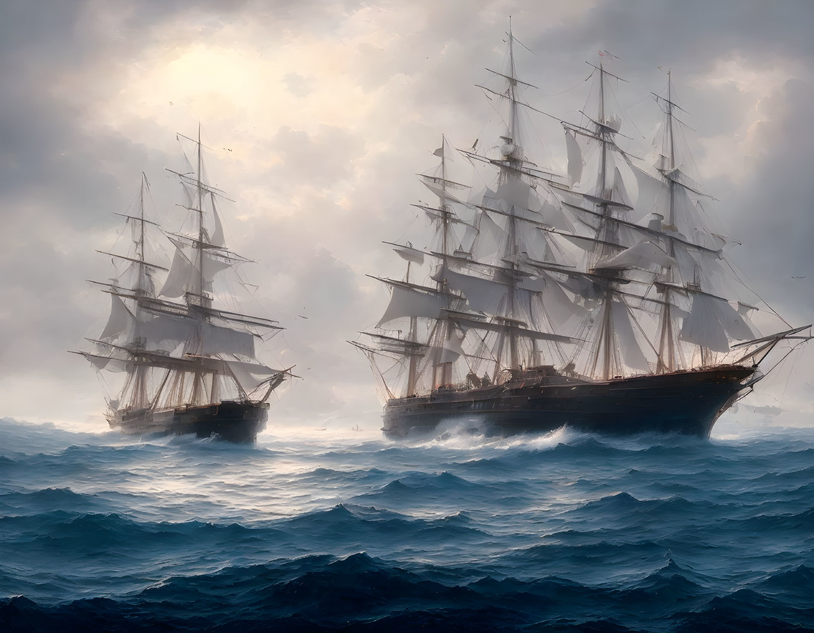 Majestic sailing ships on choppy ocean under dramatic sky