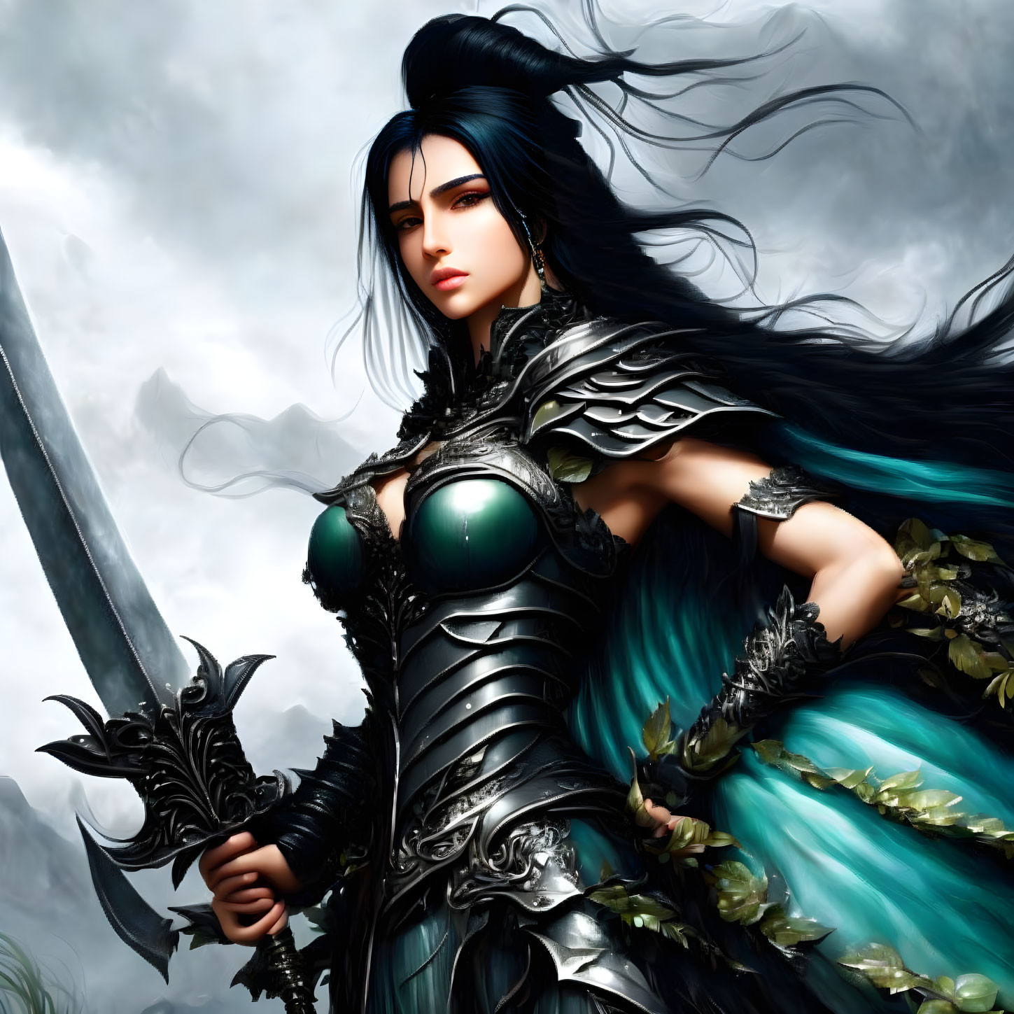 Warrior woman in black and teal armor wields sword under stormy sky