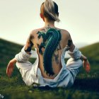 Detailed dragon tattoo on woman's back sitting in serene grass setting.