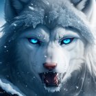 Detailed digital artwork: Majestic wolf with blue eyes in snowy landscape