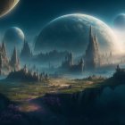 Fantastical landscape with towering spires and floating islands