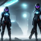 Futuristic female figures in space suits on alien planet with celestial body