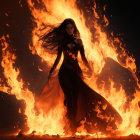 Digital artwork: Woman with flowing hair in flames, exuding power.