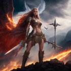 Warrior with angelic wings and spear in stormy sky with castle.