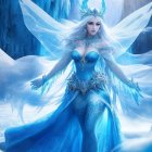 Regal ice queen in blue gown amid icy setting