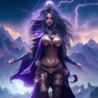 Fantasy female character digital artwork with purple cloak and armor in stormy mountain setting