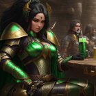 Female warrior in green and gold armor at table in grand hall setting