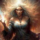 Fantasy Artwork: Fierce Female Character with Flowing Hair & Blazing Fire