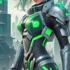 Teal-haired female character in futuristic armor with glowing green lights against cityscape.