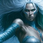 Fantasy illustration of woman with white hair and blue skin among electric sparks