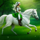 Medieval woman on white horse galloping through lush forest