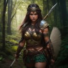 Warrior woman in bronze armor wields sword in misty forest