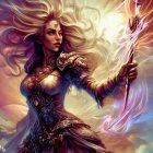 Fantasy warrior woman in golden armor with sword in cosmic phoenix backdrop