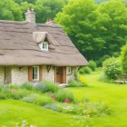 Thatched Cottage Surrounded by Greenery and Wildflowers