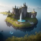 Majestic castle on cliff overlooking serene lake with waterfall at sunrise