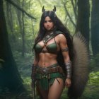 Female warrior with horns in forest wearing green and brown outfit