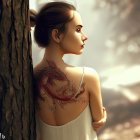 Woman with intricate dragon tattoo beside tree exudes serene mystery