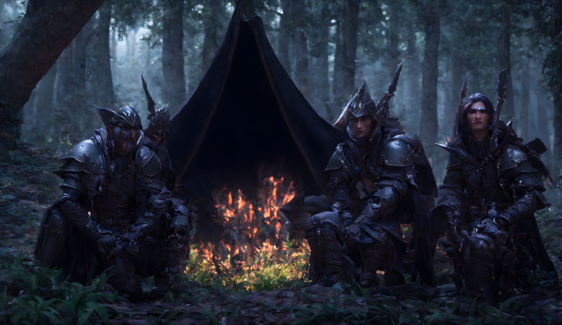 Symmetrical group of armored figures near campfire in dark forest