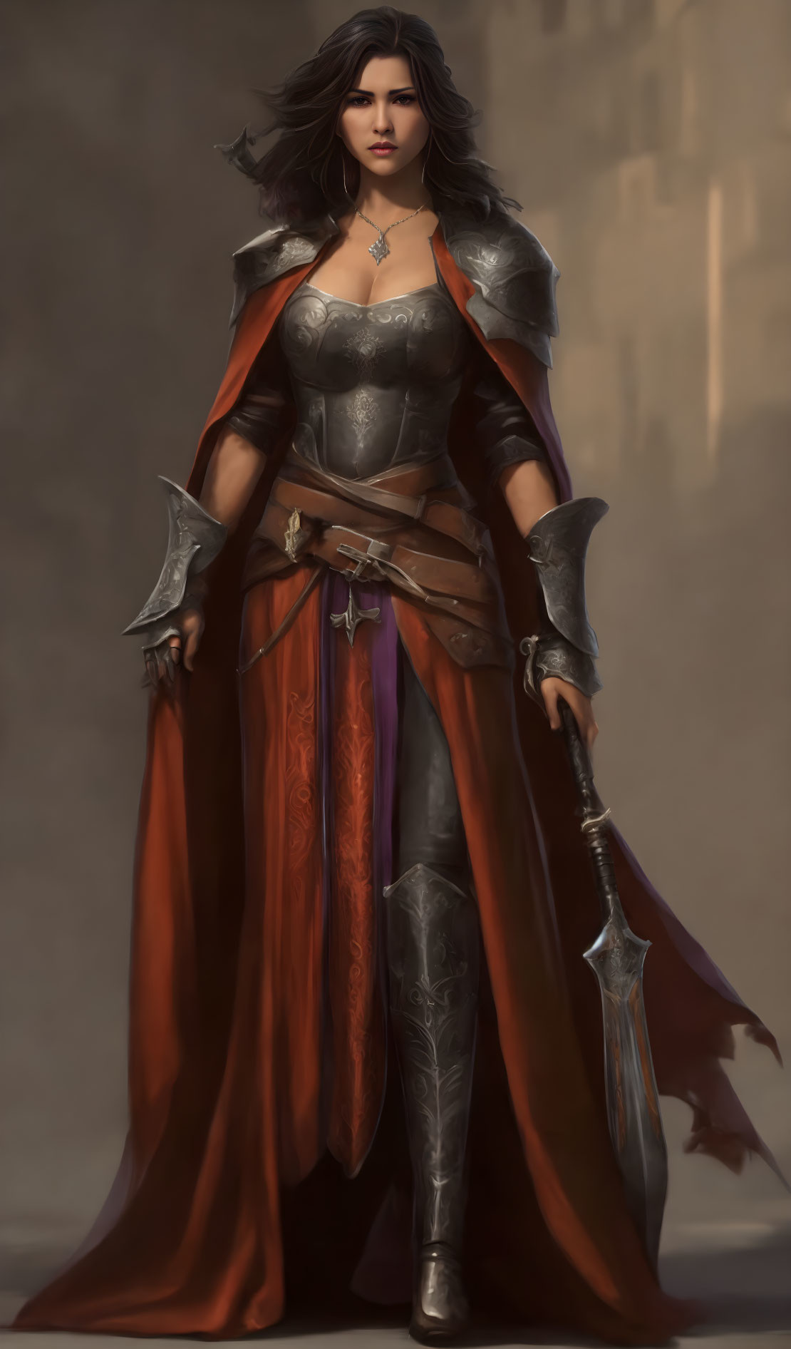 Female warrior in red cape and steel armor wields decorated axe in misty setting