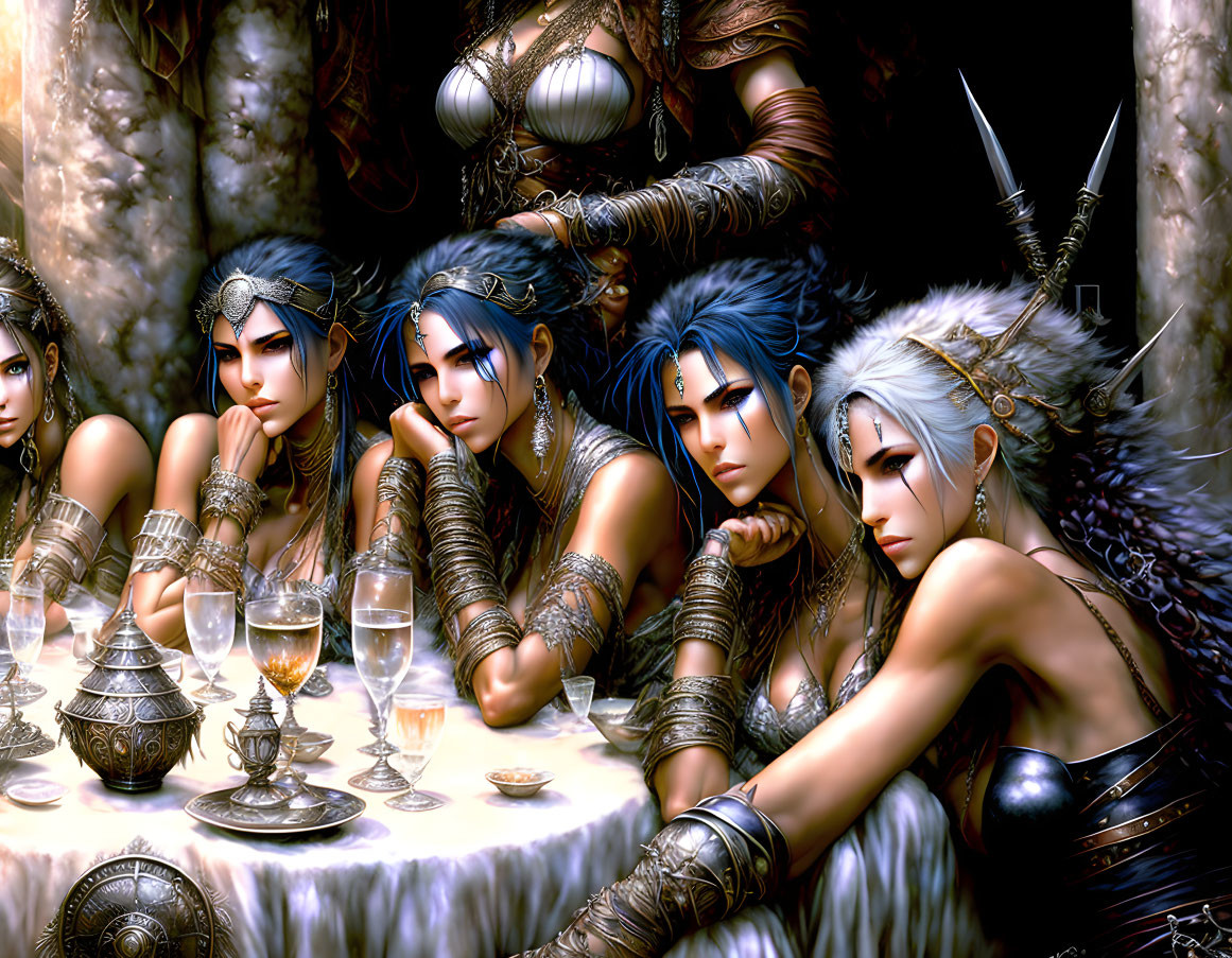 Fantasy warriors with blue hair in elaborate armor around a table in dimly lit stone setting