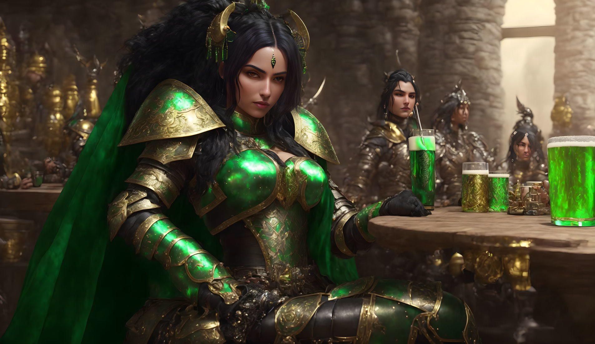 Female warrior in green and gold armor at table in grand hall setting