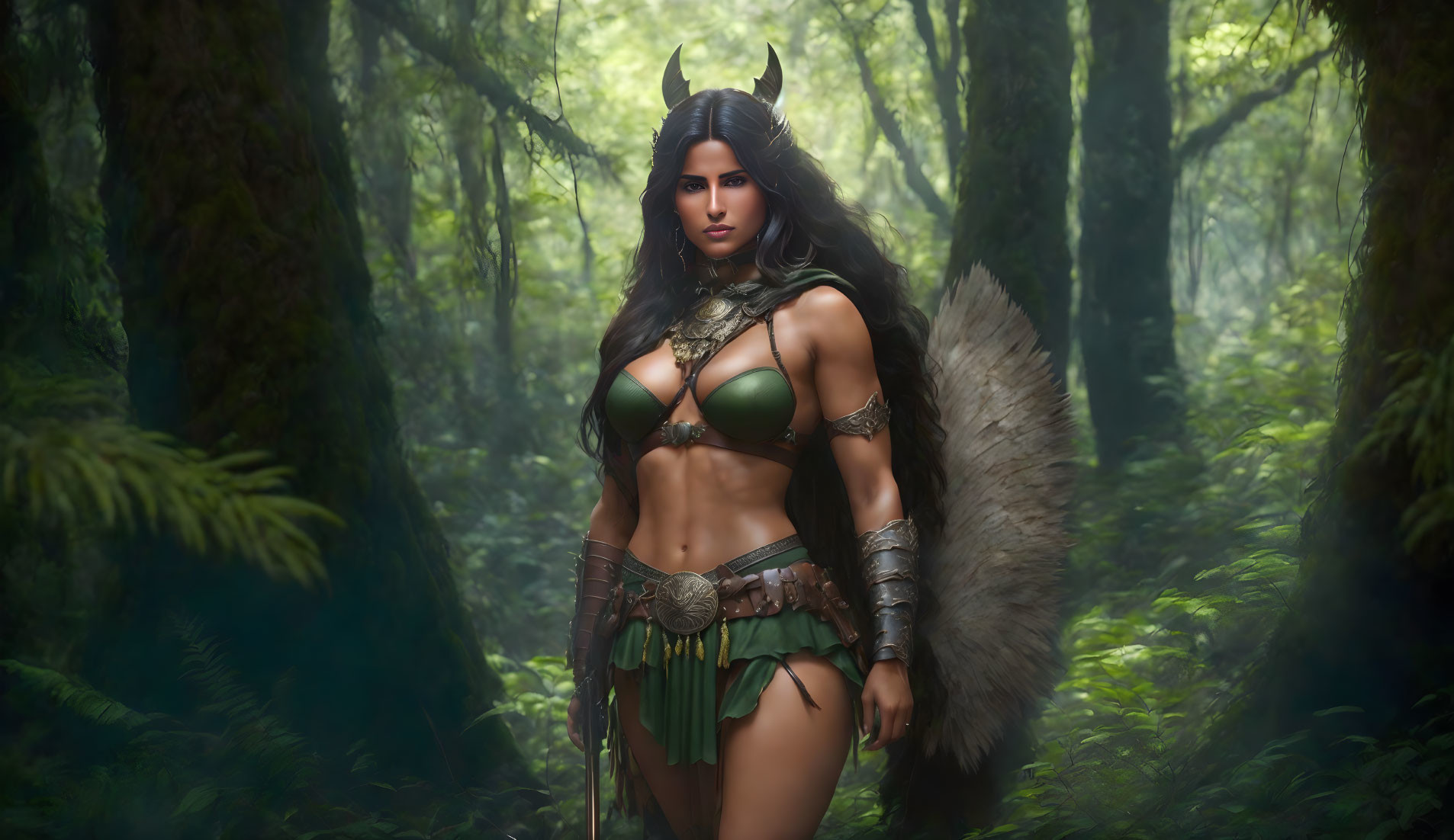 Female warrior with horns in forest wearing green and brown outfit