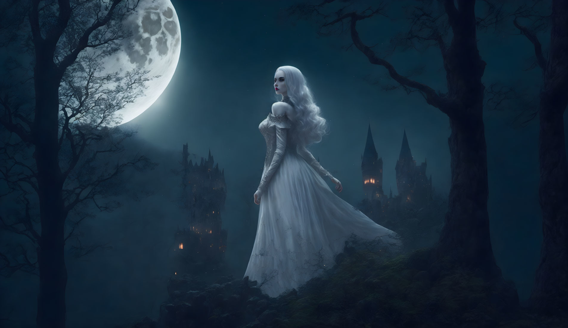 Pale woman in white dress in gloomy forest with full moon and distant castle