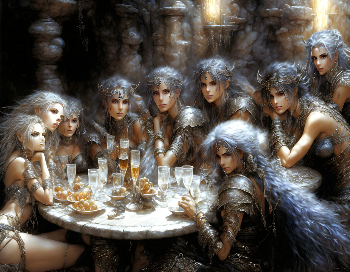 Fantasy characters with silver hair in elaborate armor dining in a cavernous setting