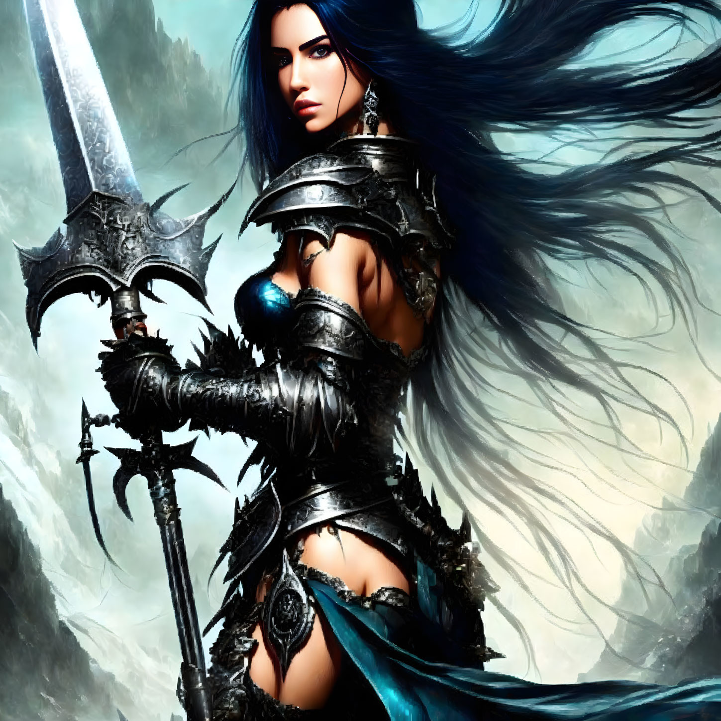 Detailed Blue-Haired Female Warrior in Black Armor with Ornate Sword