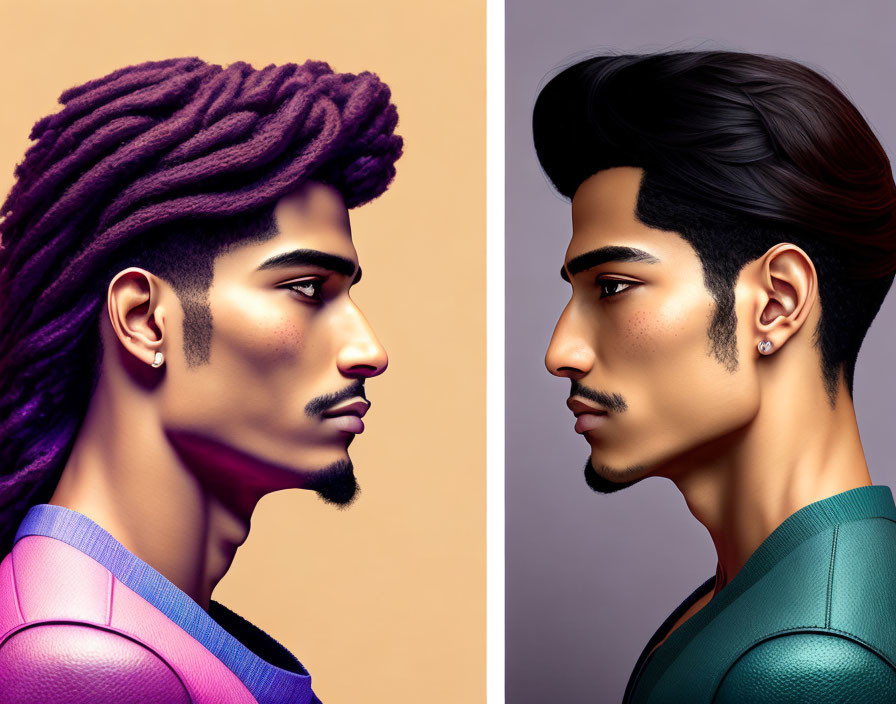 Stylized male portraits with distinct hairstyles and sharp features on dual-tone background
