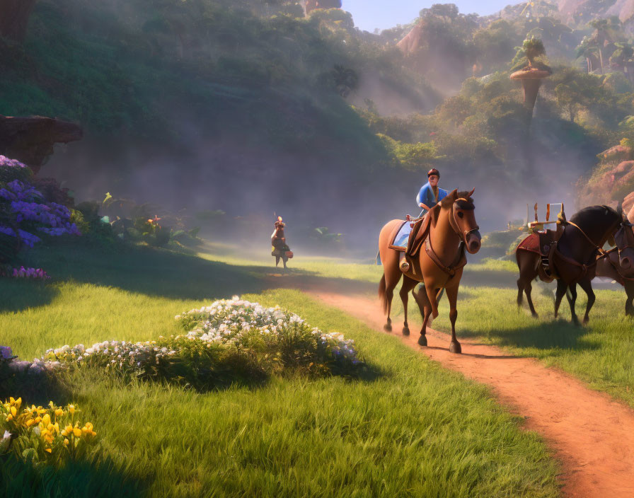 Tranquil animated landscape with horseback riders on winding path